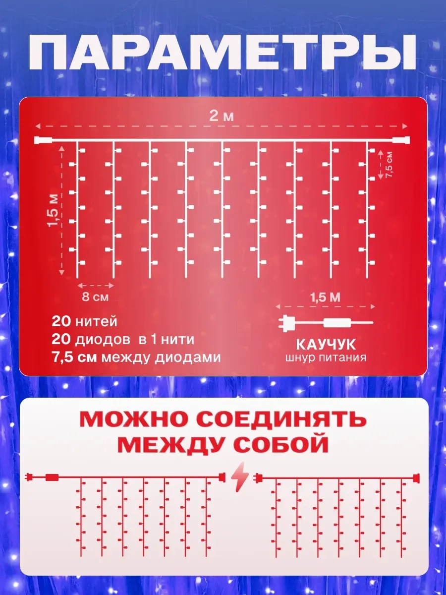Гирлянда светодиодная Занавес 2*1,5