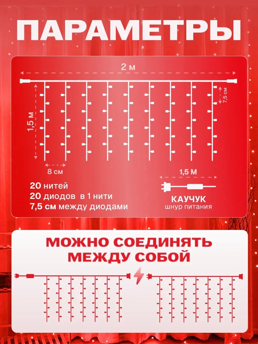 Гирлянда светодиодная Занавес 2*1,5
