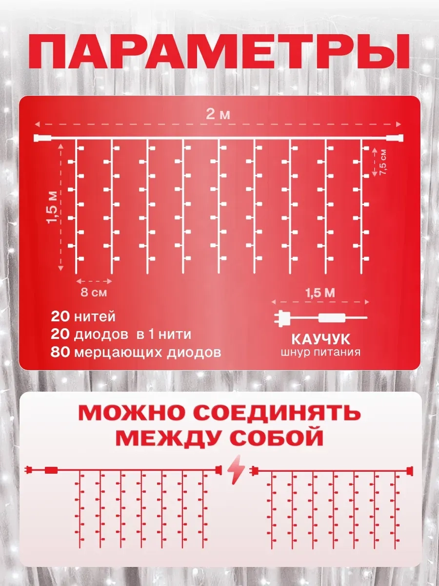 Гирлянда светодиодная Занавес 2*1,5